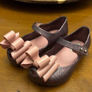 Mini Melissa Sparkly Purple Shoes with Pink Bow